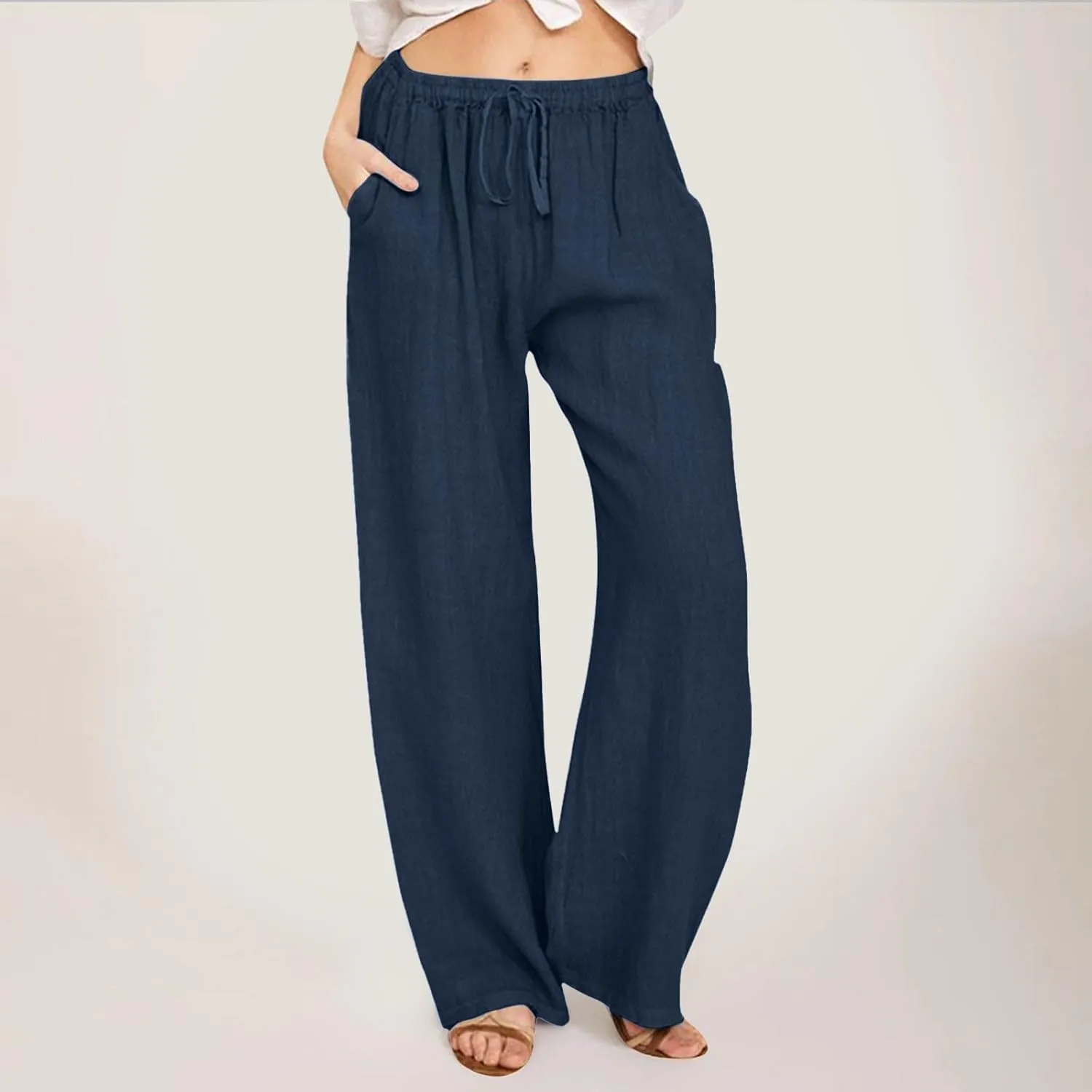 PTOLOCIF Cotton Linen Pants Women Wide Leg Casual Loose Pants High Waisted Drawstring Palazzo Capri Trousers with Pockets