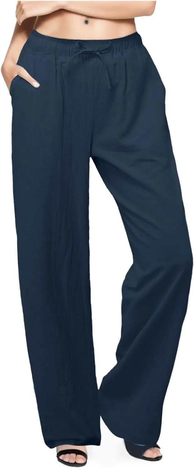 PTOLOCIF Cotton Linen Pants Women Wide Leg Casual Loose Pants High Waisted Drawstring Palazzo Capri Trousers with Pockets