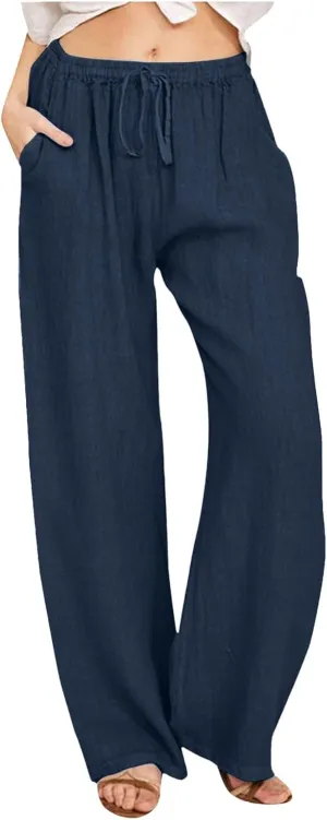 PTOLOCIF Cotton Linen Pants Women Wide Leg Casual Loose Pants High Waisted Drawstring Palazzo Capri Trousers with Pockets