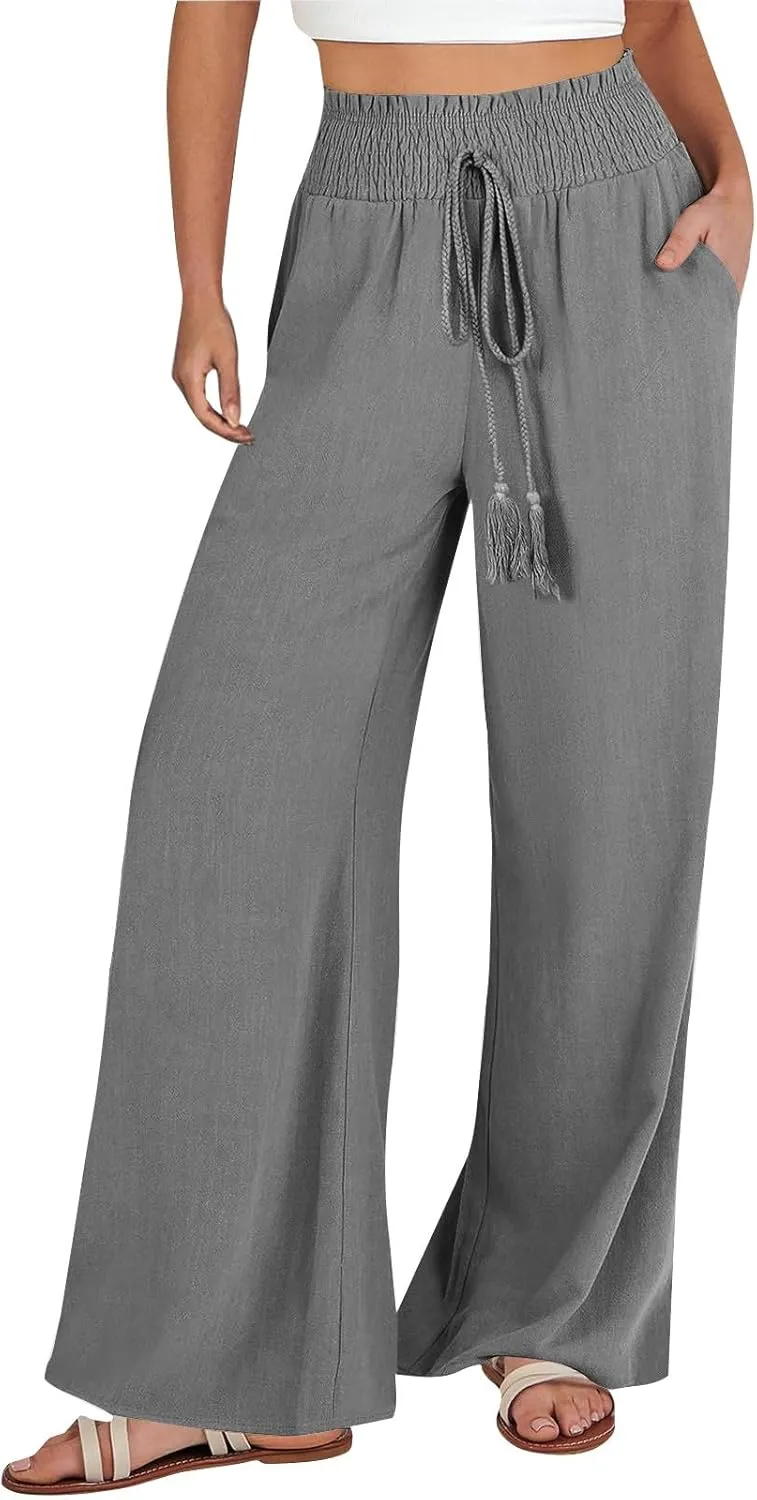 PTOLOCIF Cotton Linen Pants Women Wide Leg Palazzo Pants High Waisted Summer Casual Cotton Linen Boho Pants with Pockets