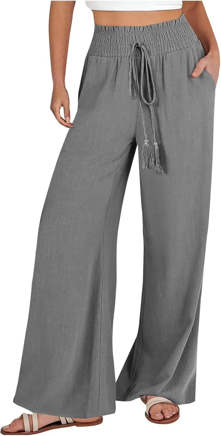 PTOLOCIF Cotton Linen Pants Women Wide Leg Palazzo Pants High Waisted Summer Casual Cotton Linen Boho Pants with Pockets