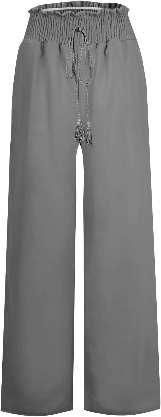 PTOLOCIF Cotton Linen Pants Women Wide Leg Palazzo Pants High Waisted Summer Casual Cotton Linen Boho Pants with Pockets