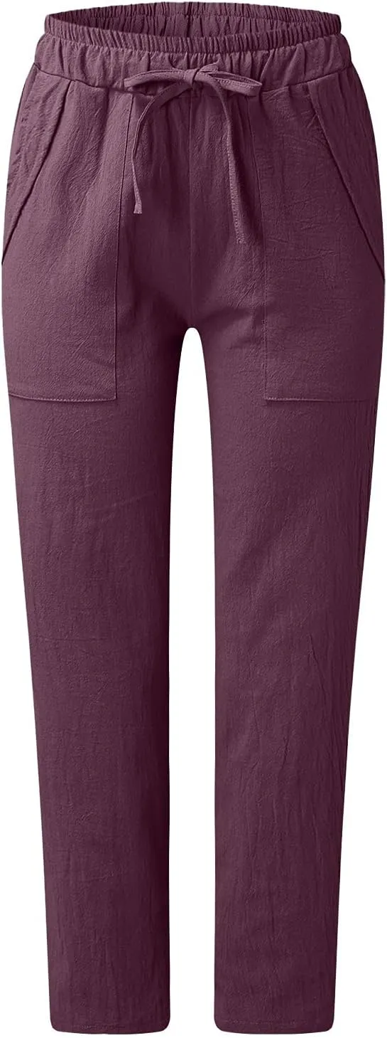 PTOLOCIF Linen Pants for Women Summer Drawstring Waist Pants Wide Leg Loose Cotton Linen Palazzo Trousers with Pockets