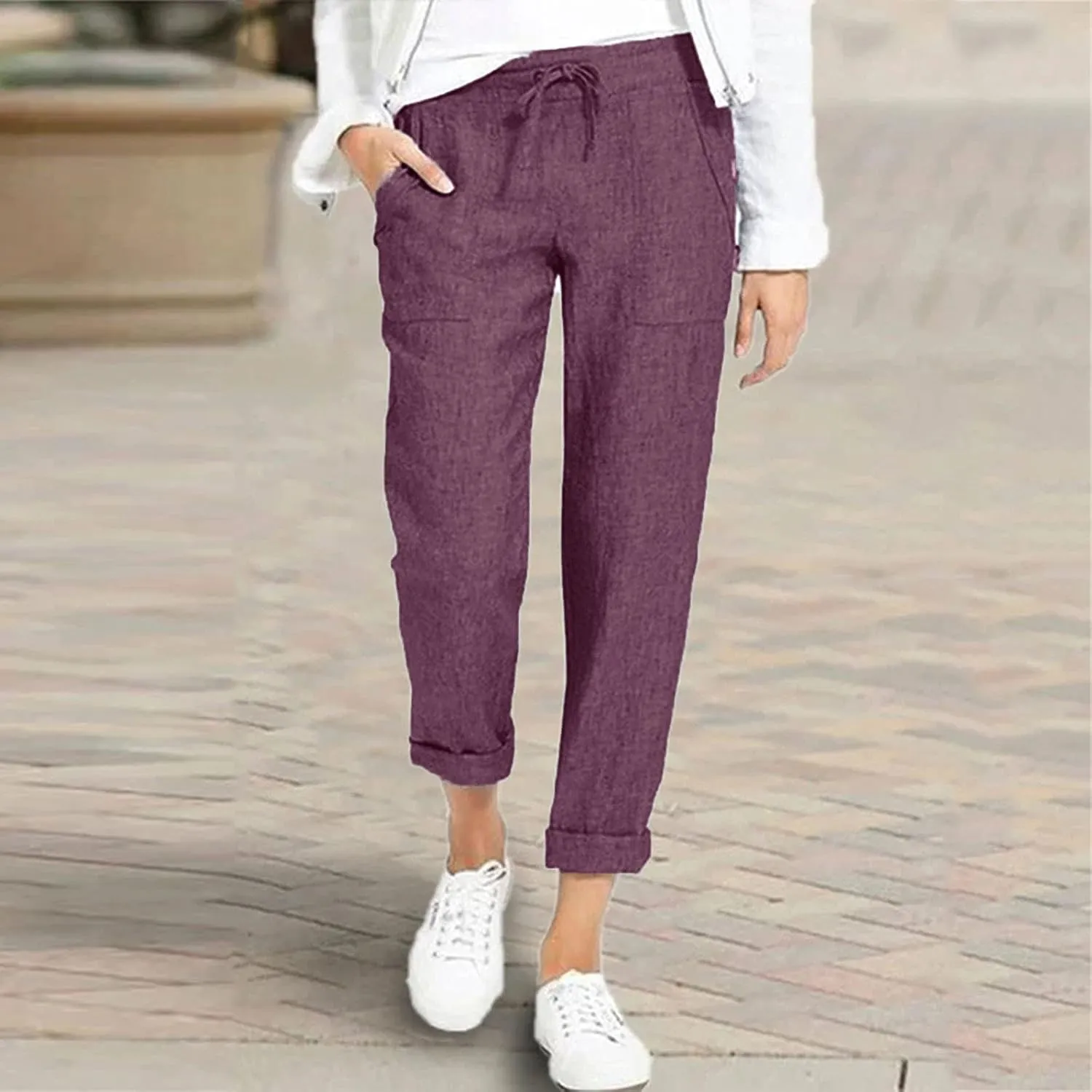 PTOLOCIF Linen Pants for Women Summer Drawstring Waist Pants Wide Leg Loose Cotton Linen Palazzo Trousers with Pockets