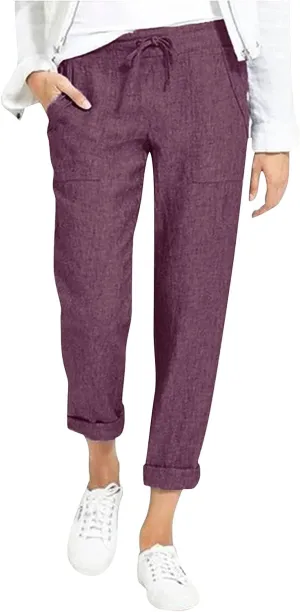 PTOLOCIF Linen Pants for Women Summer Drawstring Waist Pants Wide Leg Loose Cotton Linen Palazzo Trousers with Pockets