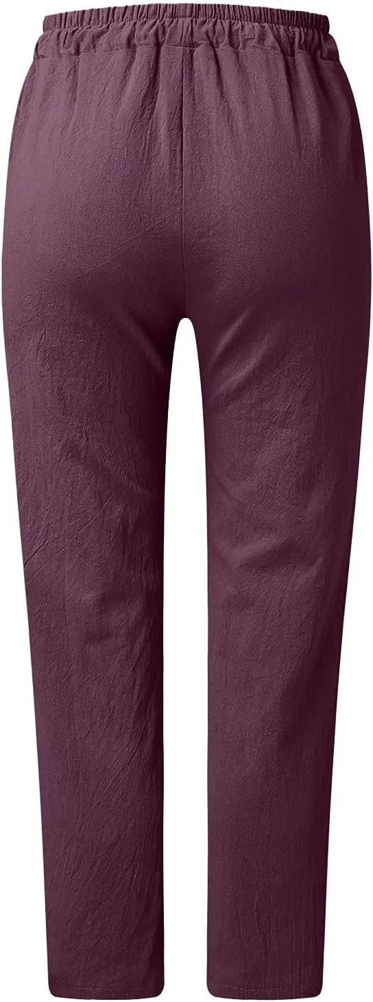 PTOLOCIF Linen Pants for Women Summer Drawstring Waist Pants Wide Leg Loose Cotton Linen Palazzo Trousers with Pockets