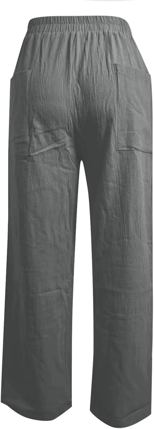 PTOLOCIF Linen Pants for Women Wide Straight Leg Pants Baggy Elastic Waist Pant Summer Loose Fit Trousers with Pockets