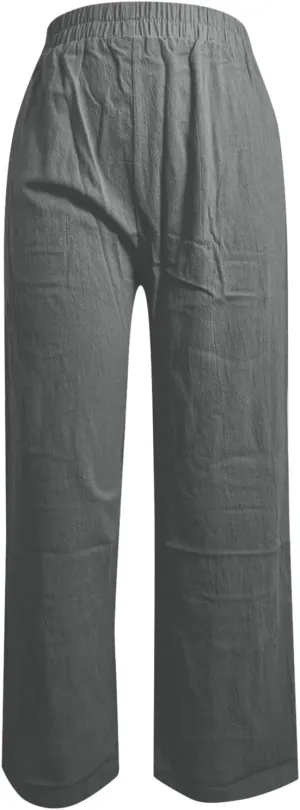 PTOLOCIF Linen Pants for Women Wide Straight Leg Pants Baggy Elastic Waist Pant Summer Loose Fit Trousers with Pockets