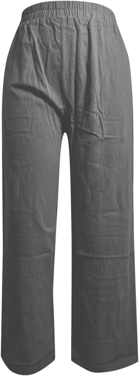 PTOLOCIF Linen Pants for Women Wide Straight Leg Pants Baggy Elastic Waist Pant Summer Loose Fit Trousers with Pockets