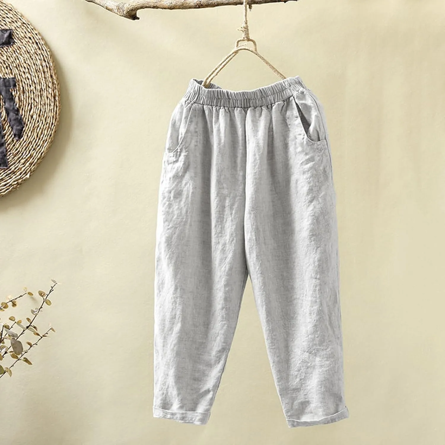 PTOLOCIF Womens Casual Linen Pants Casual High Waist Loose Fit Drawstring Trousers with Pockets Summer Fashion Linen Pants