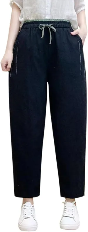 PTOLOCIF Womens Casual Linen Pants Wide Straight Leg Pants Baggy Elastic Waist Pant Summer Loose Fit Trousers with Pockets