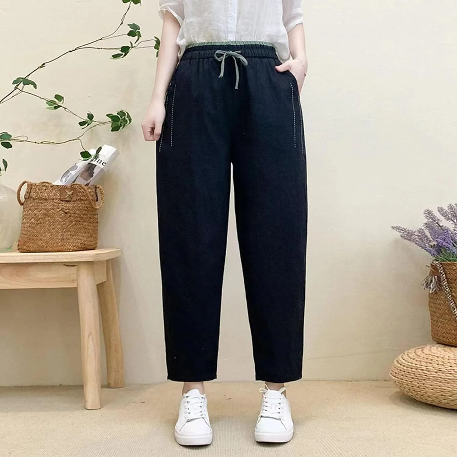 PTOLOCIF Womens Casual Linen Pants Wide Straight Leg Pants Baggy Elastic Waist Pant Summer Loose Fit Trousers with Pockets
