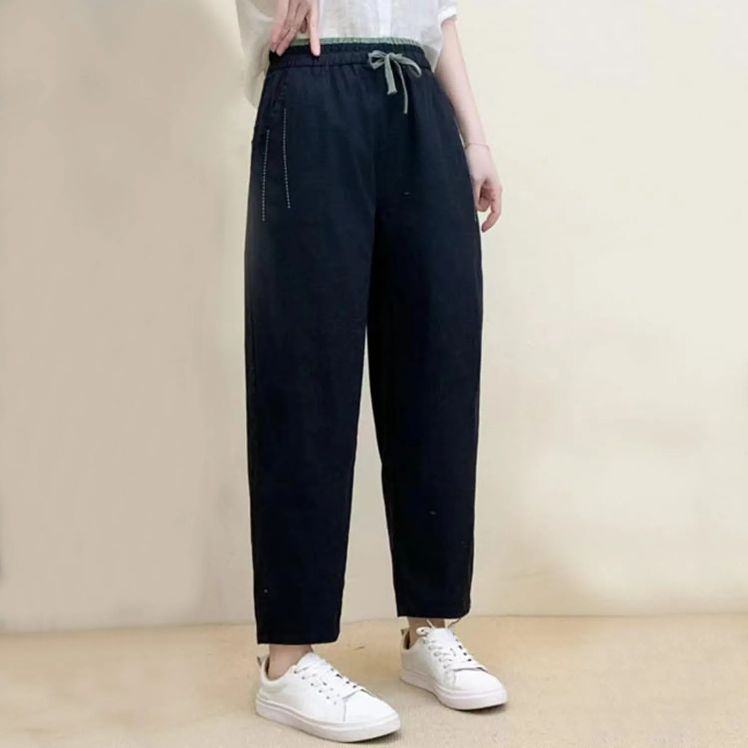 PTOLOCIF Womens Casual Linen Pants Wide Straight Leg Pants Baggy Elastic Waist Pant Summer Loose Fit Trousers with Pockets