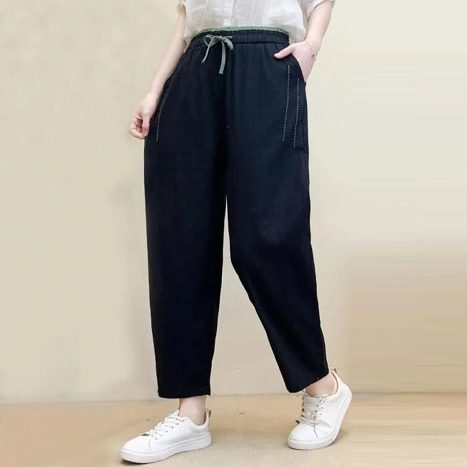 PTOLOCIF Womens Casual Linen Pants Wide Straight Leg Pants Baggy Elastic Waist Pant Summer Loose Fit Trousers with Pockets