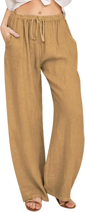 PTOLOCIF Womens Cotton Linen Pants High Waist Drawstring Pants Loose Fit Summer Flowy Boho Pant Trousers with Side Pockets