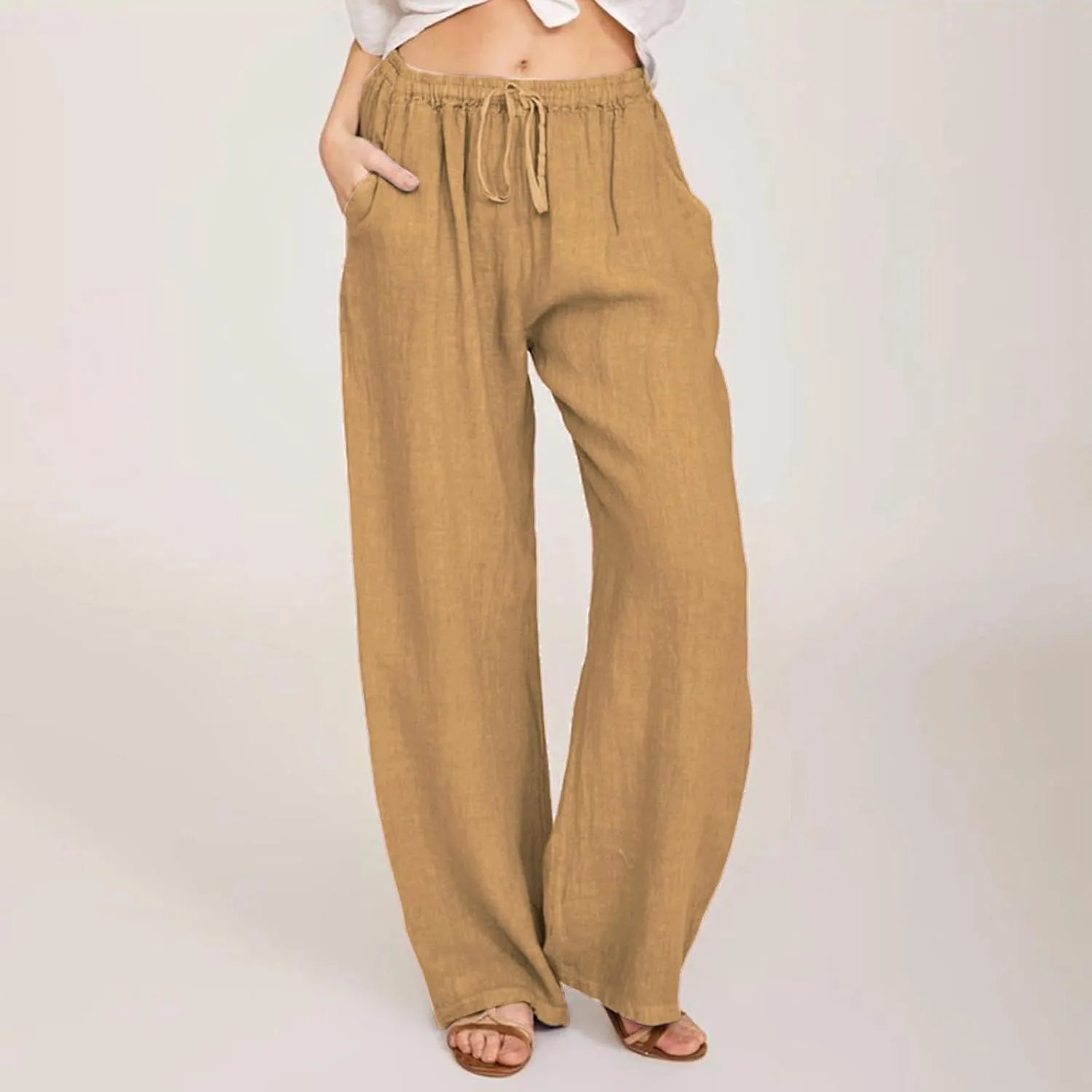 PTOLOCIF Womens Cotton Linen Pants High Waist Drawstring Pants Loose Fit Summer Flowy Boho Pant Trousers with Side Pockets