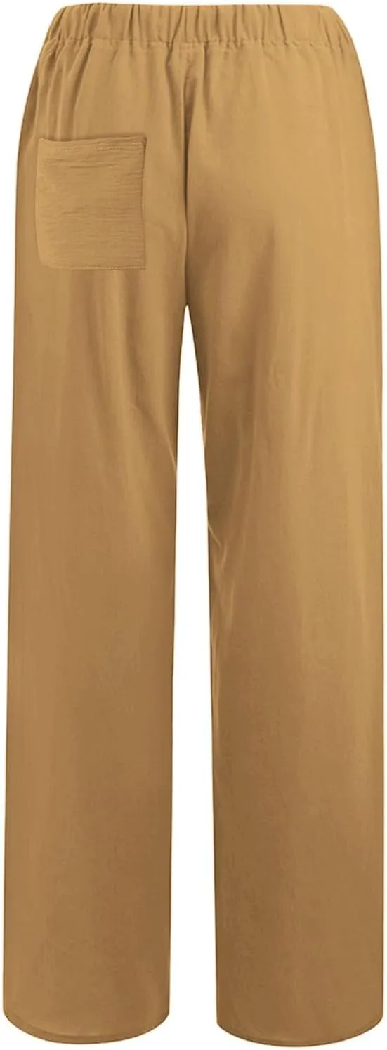 PTOLOCIF Womens Cotton Linen Pants High Waist Drawstring Pants Loose Fit Summer Flowy Boho Pant Trousers with Side Pockets