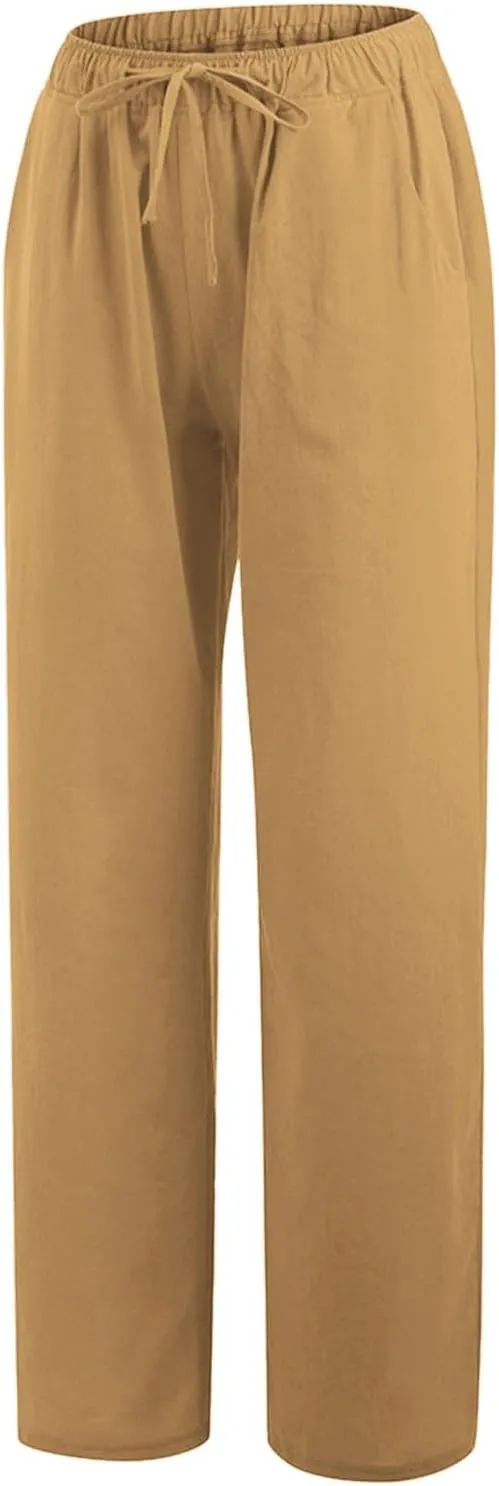 PTOLOCIF Womens Cotton Linen Pants High Waist Drawstring Pants Loose Fit Summer Flowy Boho Pant Trousers with Side Pockets