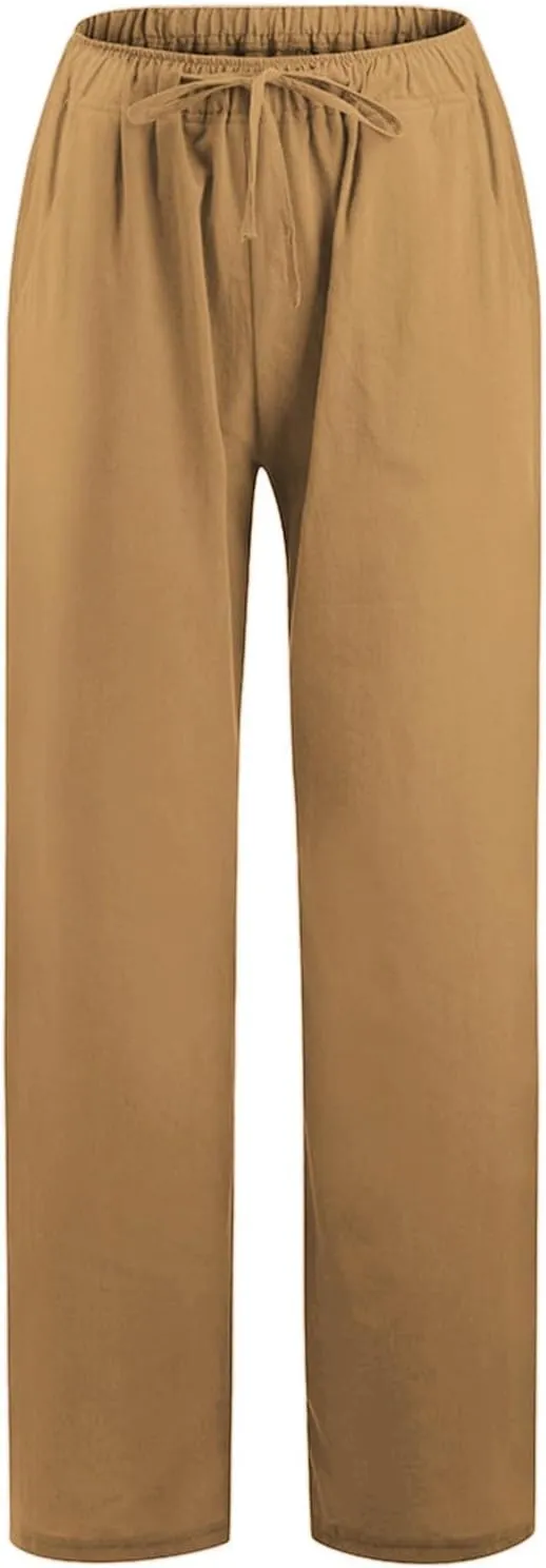 PTOLOCIF Womens Cotton Linen Pants High Waist Drawstring Pants Loose Fit Summer Flowy Boho Pant Trousers with Side Pockets