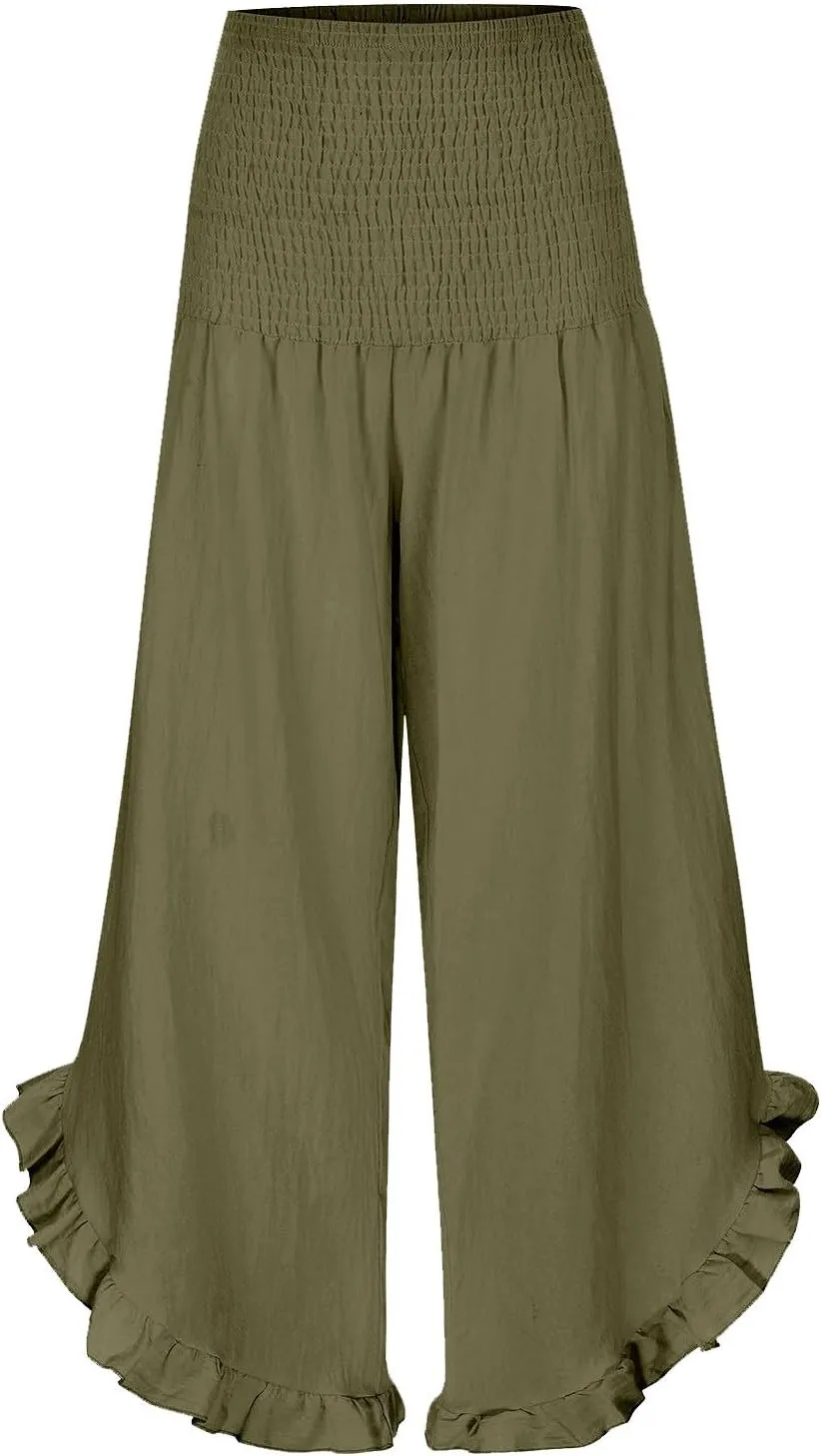 PTOLOCIF Womens Linen Pants Summer Wide Leg Casual Loose Pant Drawstring High Waist Palazzo Pant Trousers with Pockets
