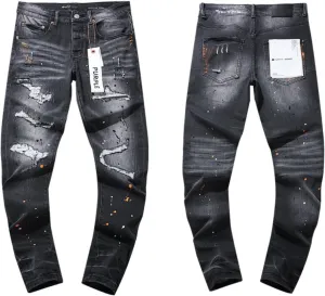 Purple Ripped Jeans 2024 Street Paint Holes Black Straight Pants for Men and Women, 30