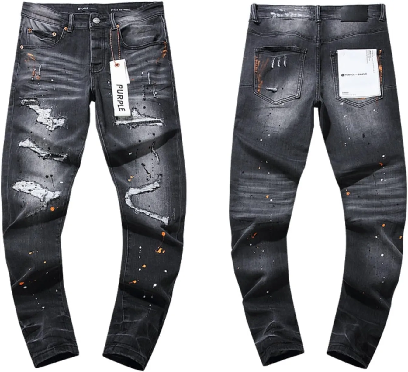 Purple Ripped Jeans 2024 Street Paint Holes Black Straight Pants for Men and Women, 30