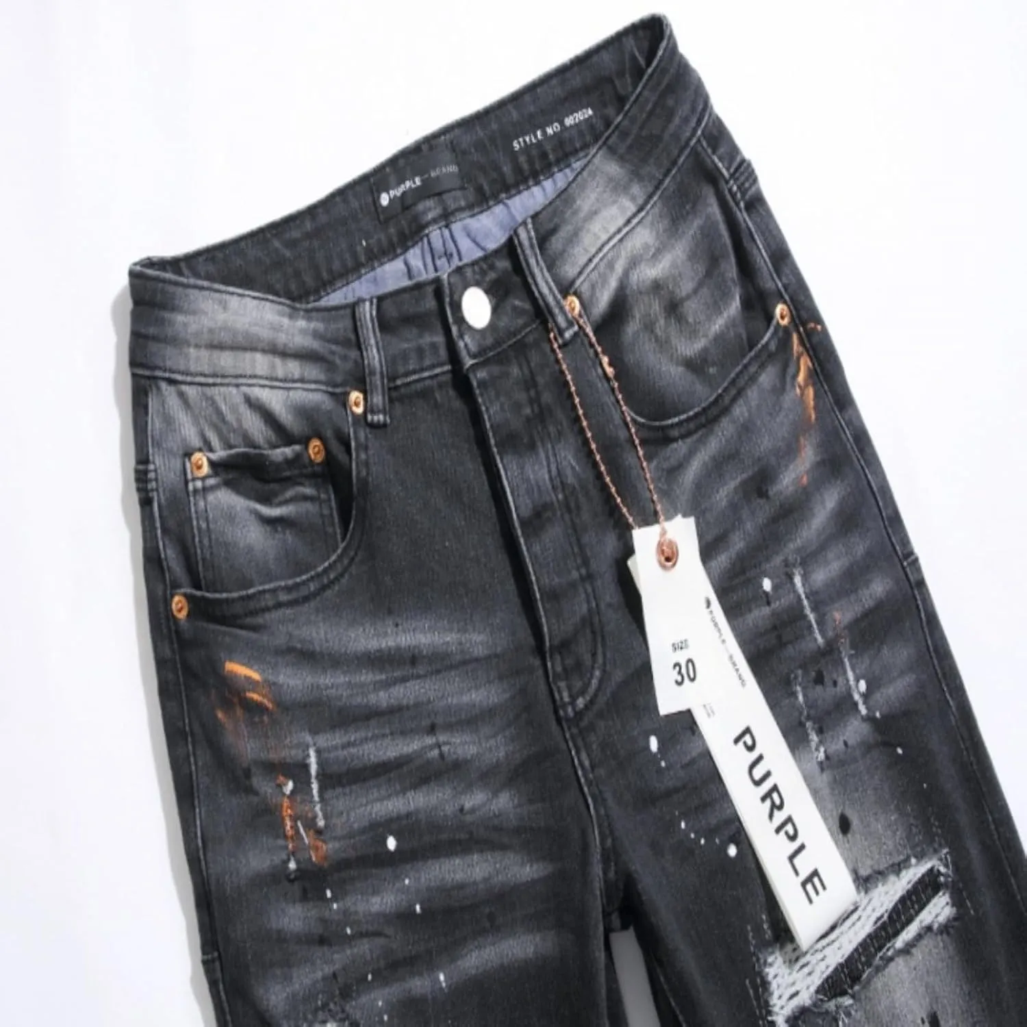 Purple Ripped Jeans 2024 Street Paint Holes Black Straight Pants for Men and Women, 30