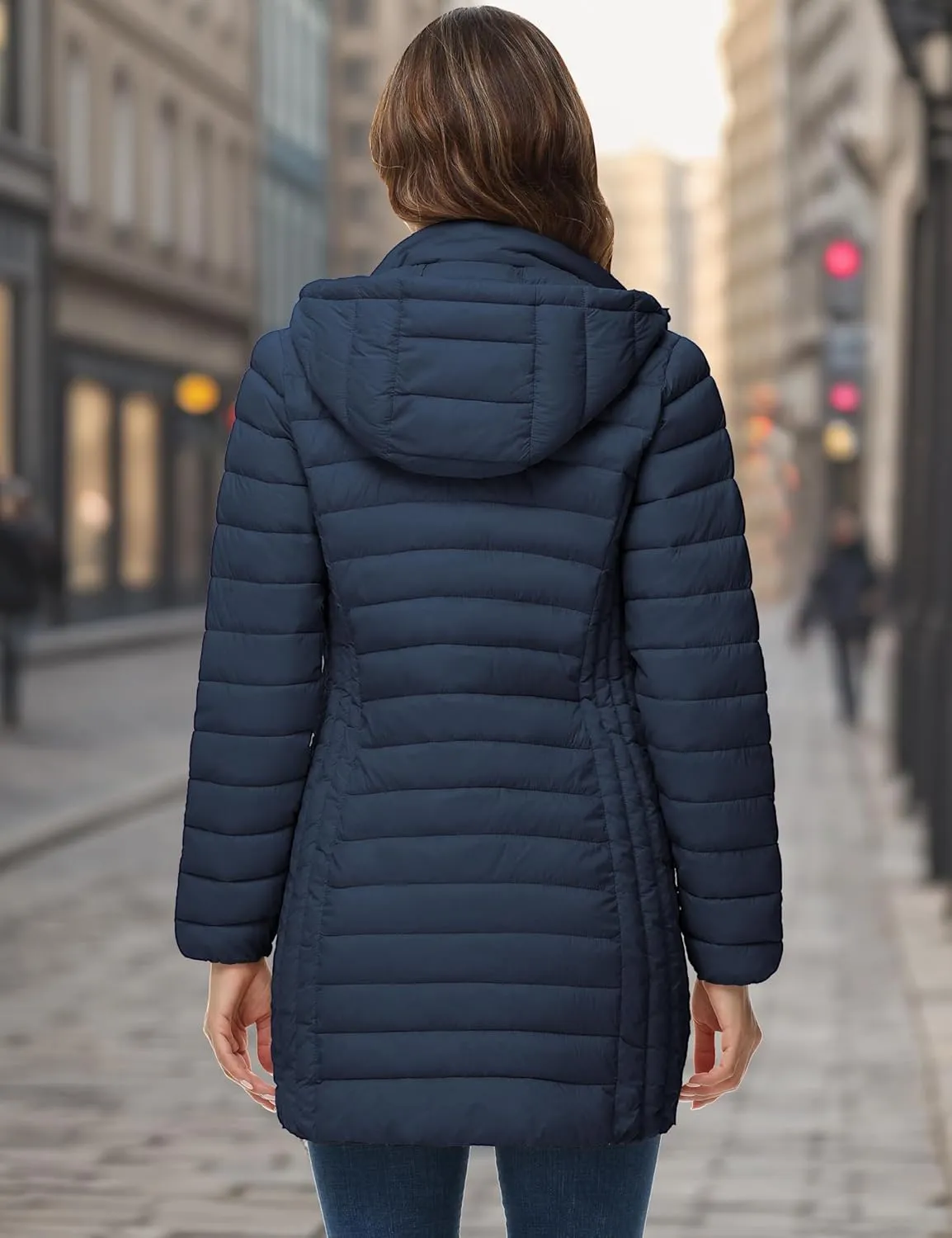 ROYAL MATRIX Women's Packable Puffer Jacket with Hood, Lightweight Quilted Travel Long Puffer Coat with Pockets