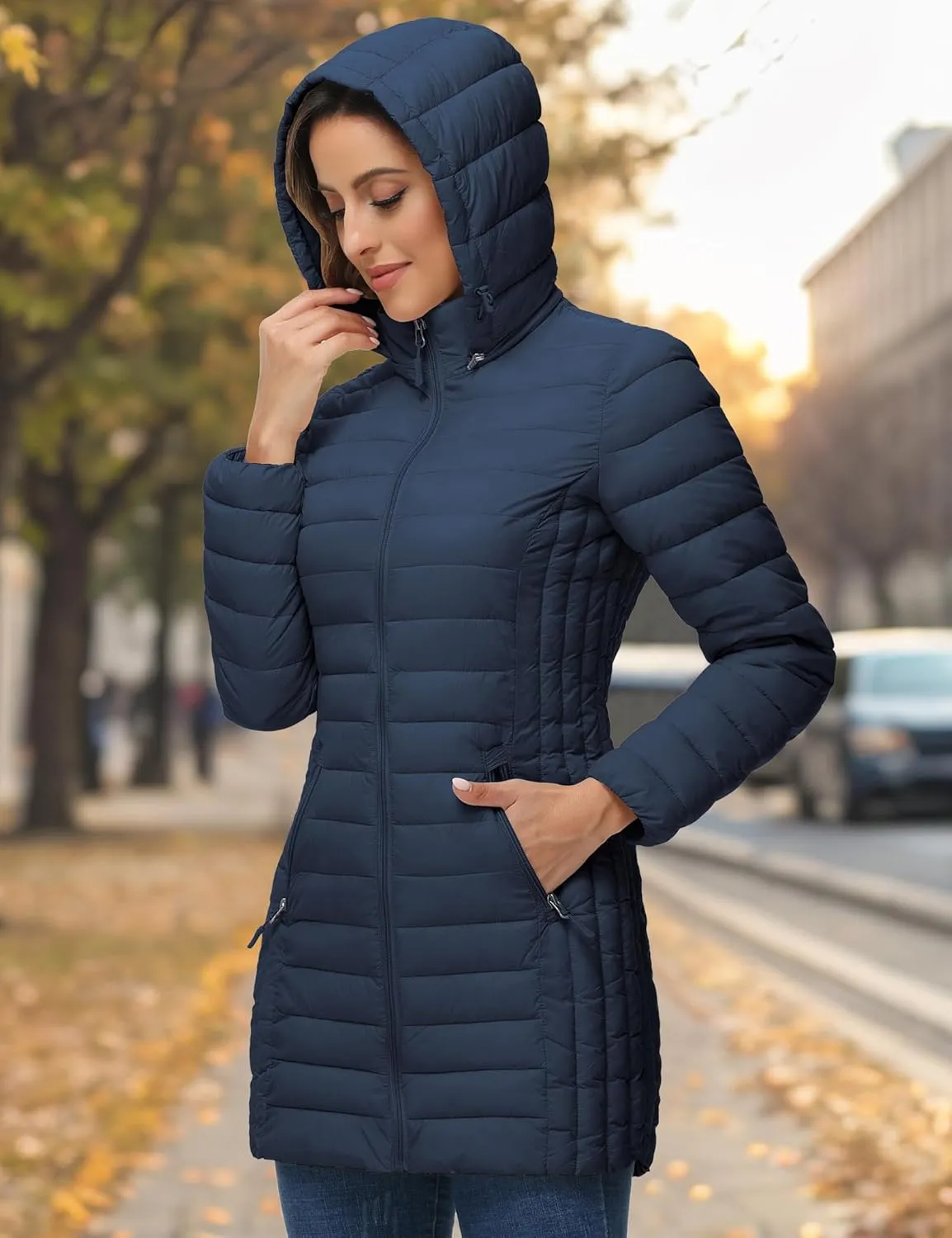 ROYAL MATRIX Women's Packable Puffer Jacket with Hood, Lightweight Quilted Travel Long Puffer Coat with Pockets