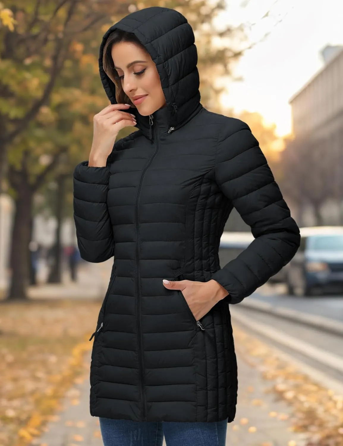 ROYAL MATRIX Women's Packable Puffer Jacket with Hood, Lightweight Quilted Travel Long Puffer Coat with Pockets