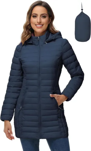 ROYAL MATRIX Women's Packable Puffer Jacket with Hood, Lightweight Quilted Travel Long Puffer Coat with Pockets