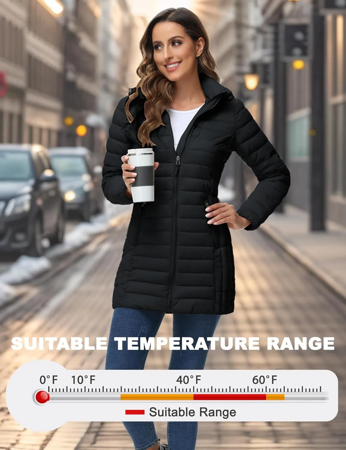 ROYAL MATRIX Women's Packable Puffer Jacket with Hood, Lightweight Quilted Travel Long Puffer Coat with Pockets