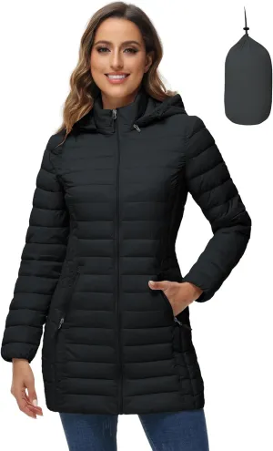 ROYAL MATRIX Women's Packable Puffer Jacket with Hood, Lightweight Quilted Travel Long Puffer Coat with Pockets
