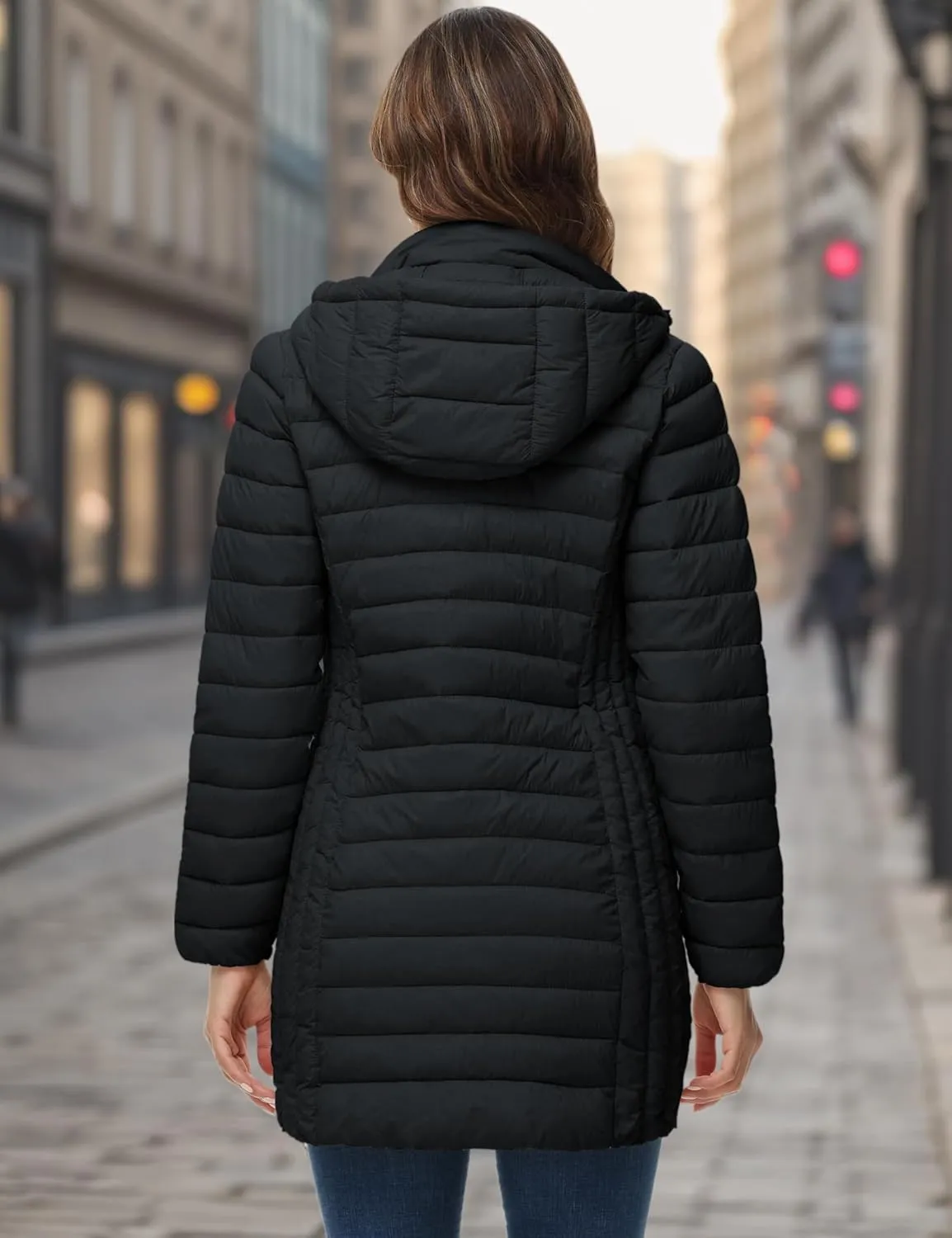 ROYAL MATRIX Women's Packable Puffer Jacket with Hood, Lightweight Quilted Travel Long Puffer Coat with Pockets