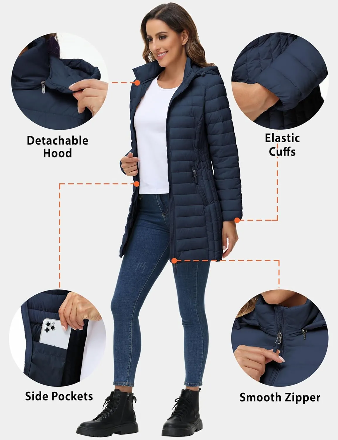 ROYAL MATRIX Women's Packable Puffer Jacket with Hood, Lightweight Quilted Travel Long Puffer Coat with Pockets