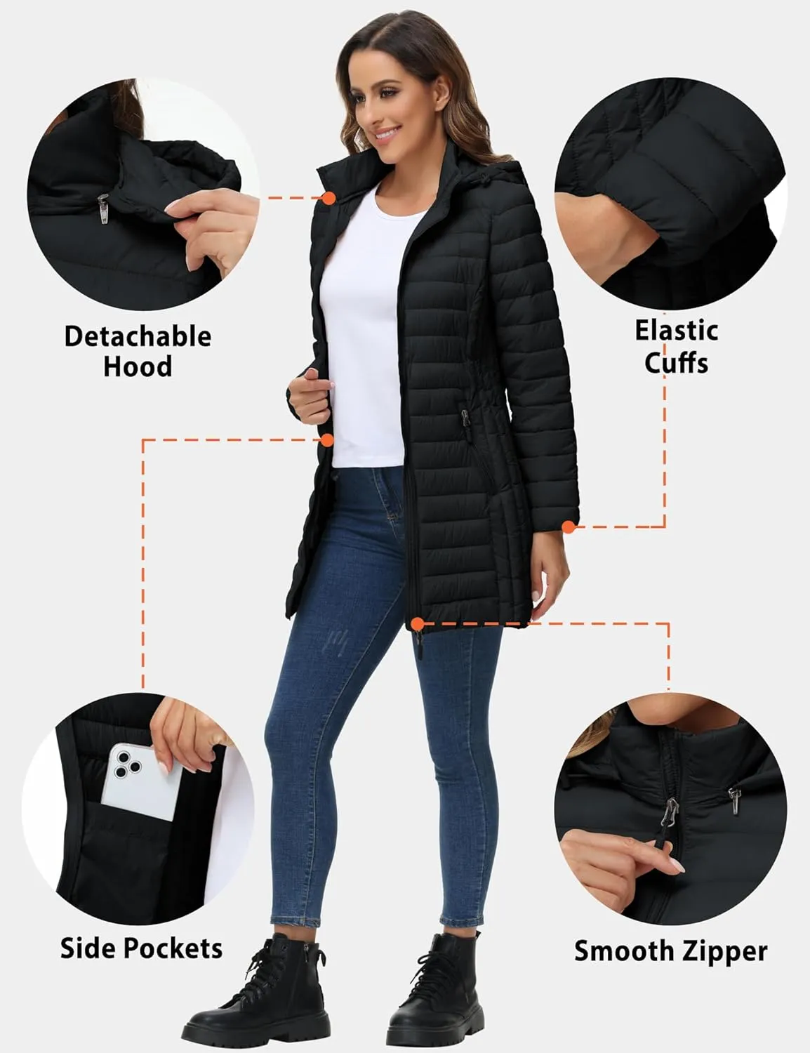ROYAL MATRIX Women's Packable Puffer Jacket with Hood, Lightweight Quilted Travel Long Puffer Coat with Pockets