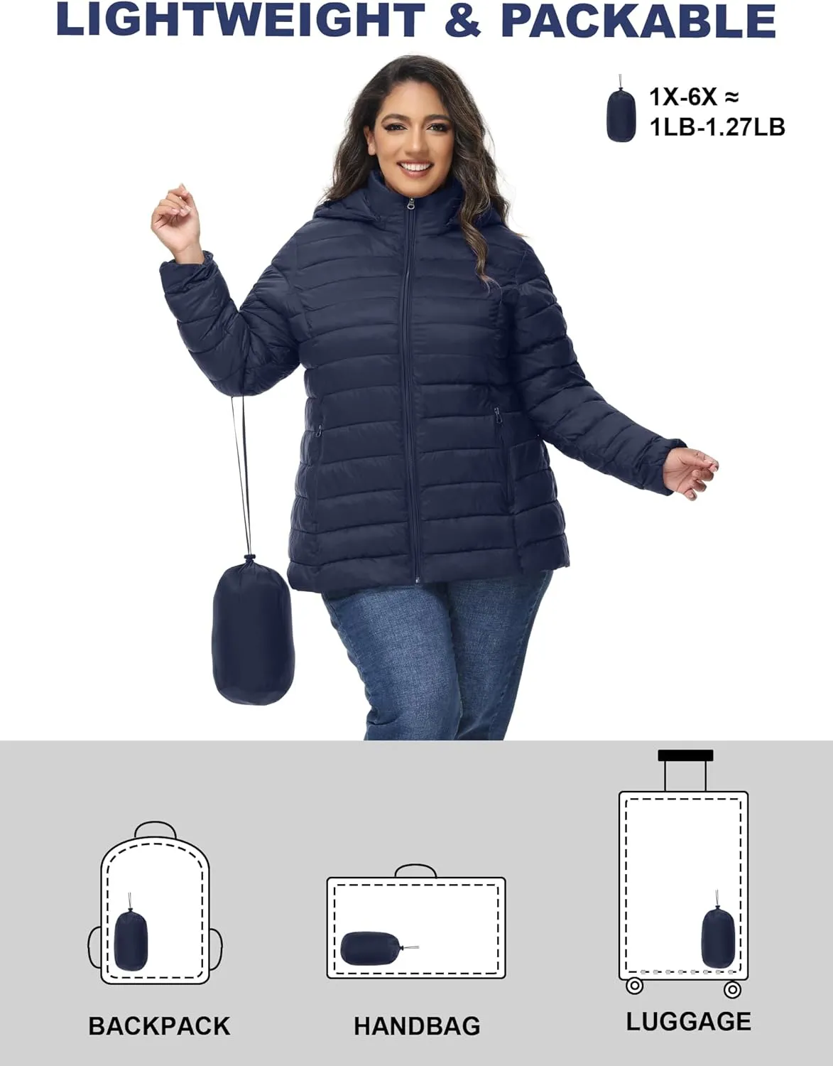 ROYAL MATRIX Women's Plus Size Puffer Jacket with Hood, Packable Lightweight Quilted Travel Outwear Puffer Coat with Pockets