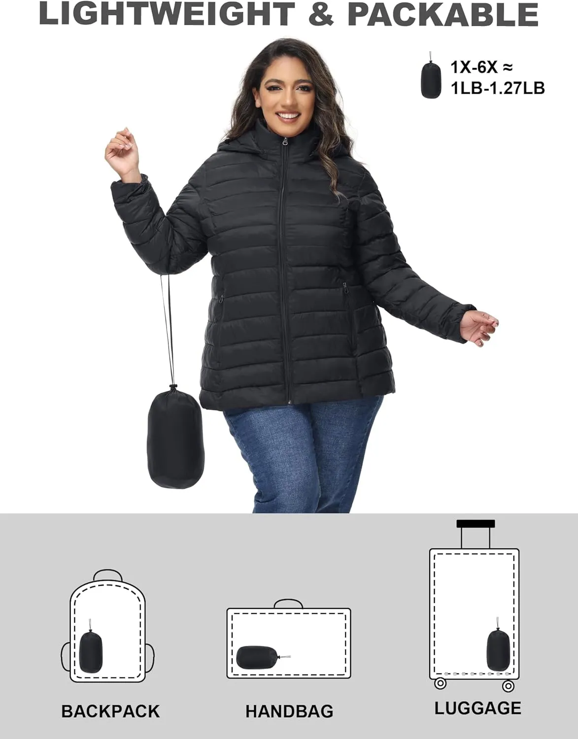 ROYAL MATRIX Women's Plus Size Puffer Jacket with Hood, Packable Lightweight Quilted Travel Outwear Puffer Coat with Pockets