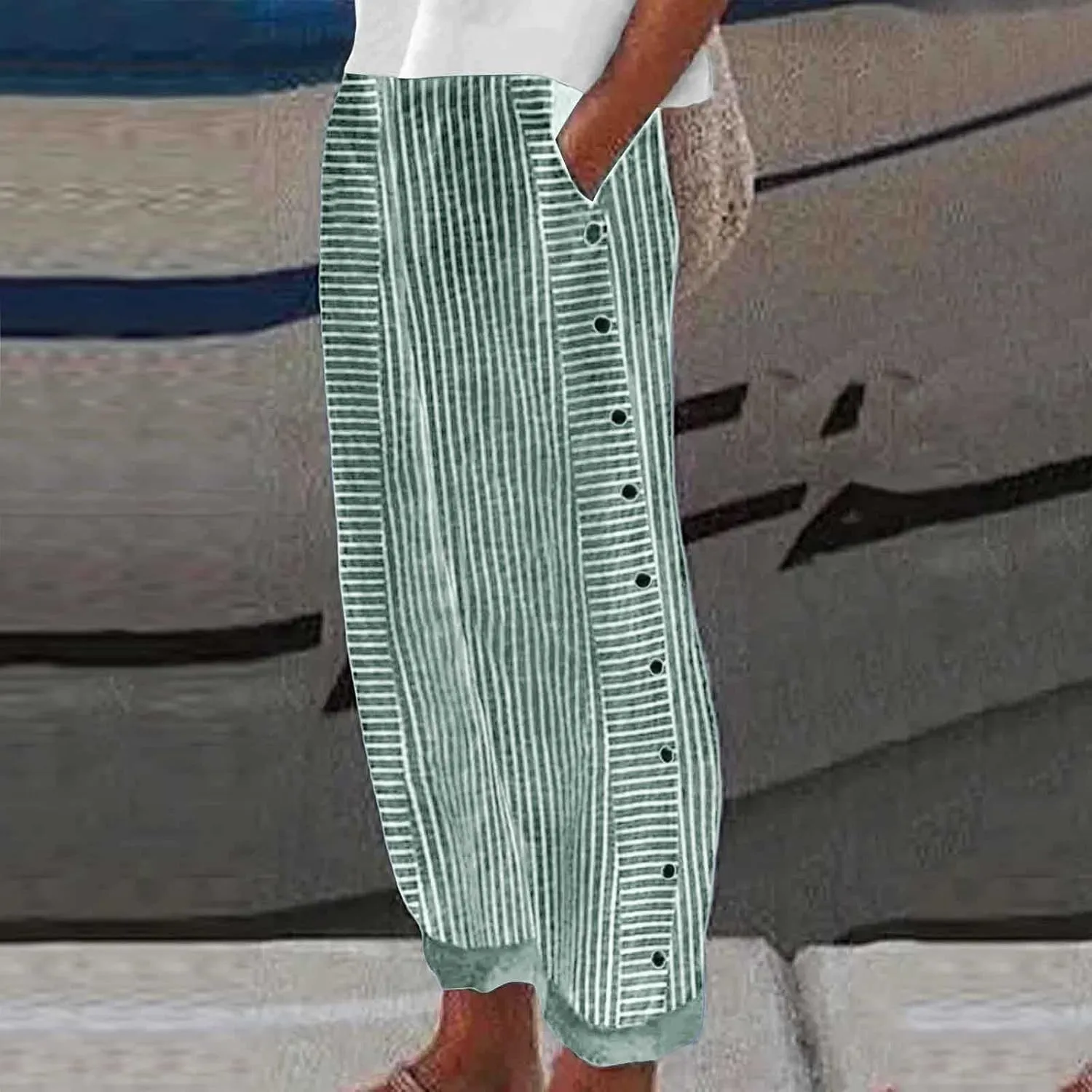 Rvidbe Linen Pants Women Summer 2024 Striped Side Button Casual Elastic High Waist Straight Leg Loose Boho Trendy Trousers