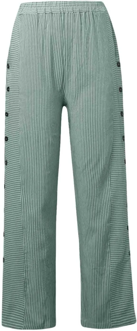 Rvidbe Linen Pants Women Summer 2024 Striped Side Button Casual Elastic High Waist Straight Leg Loose Boho Trendy Trousers