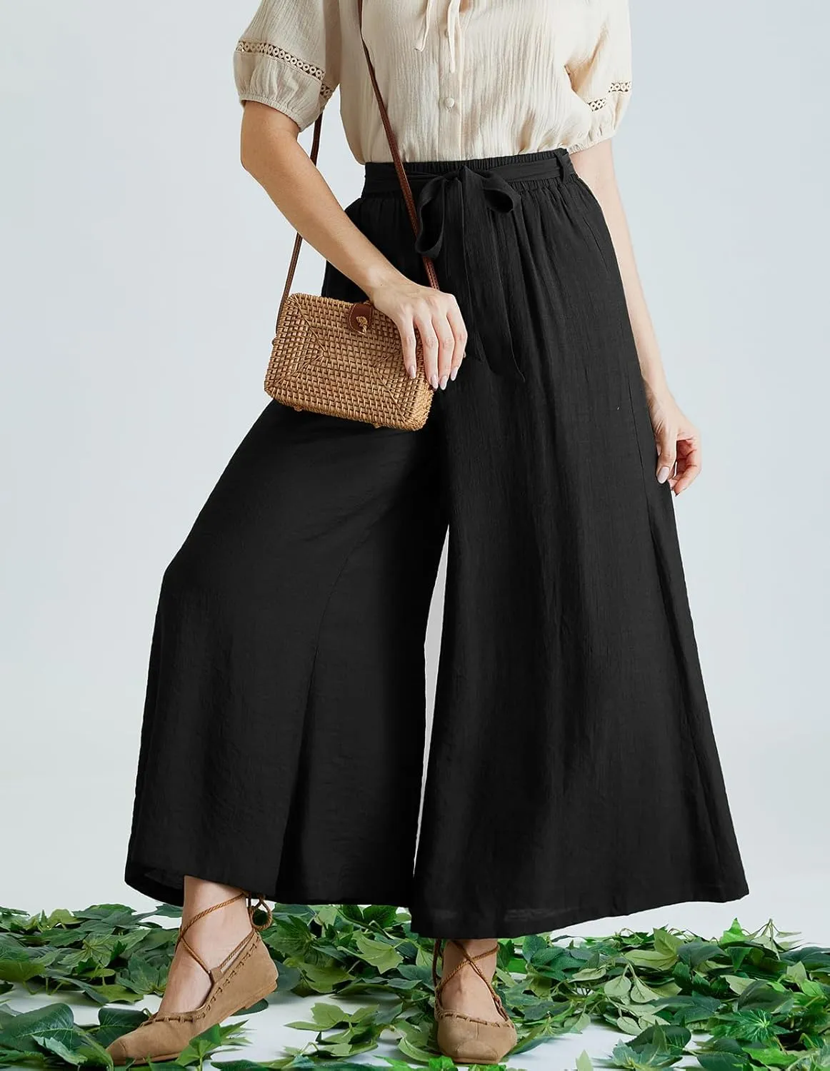 Scarlet Darkness Palazzo Pants for Women Summer Boho High Waisted Wide Leg Pants with Pockets
