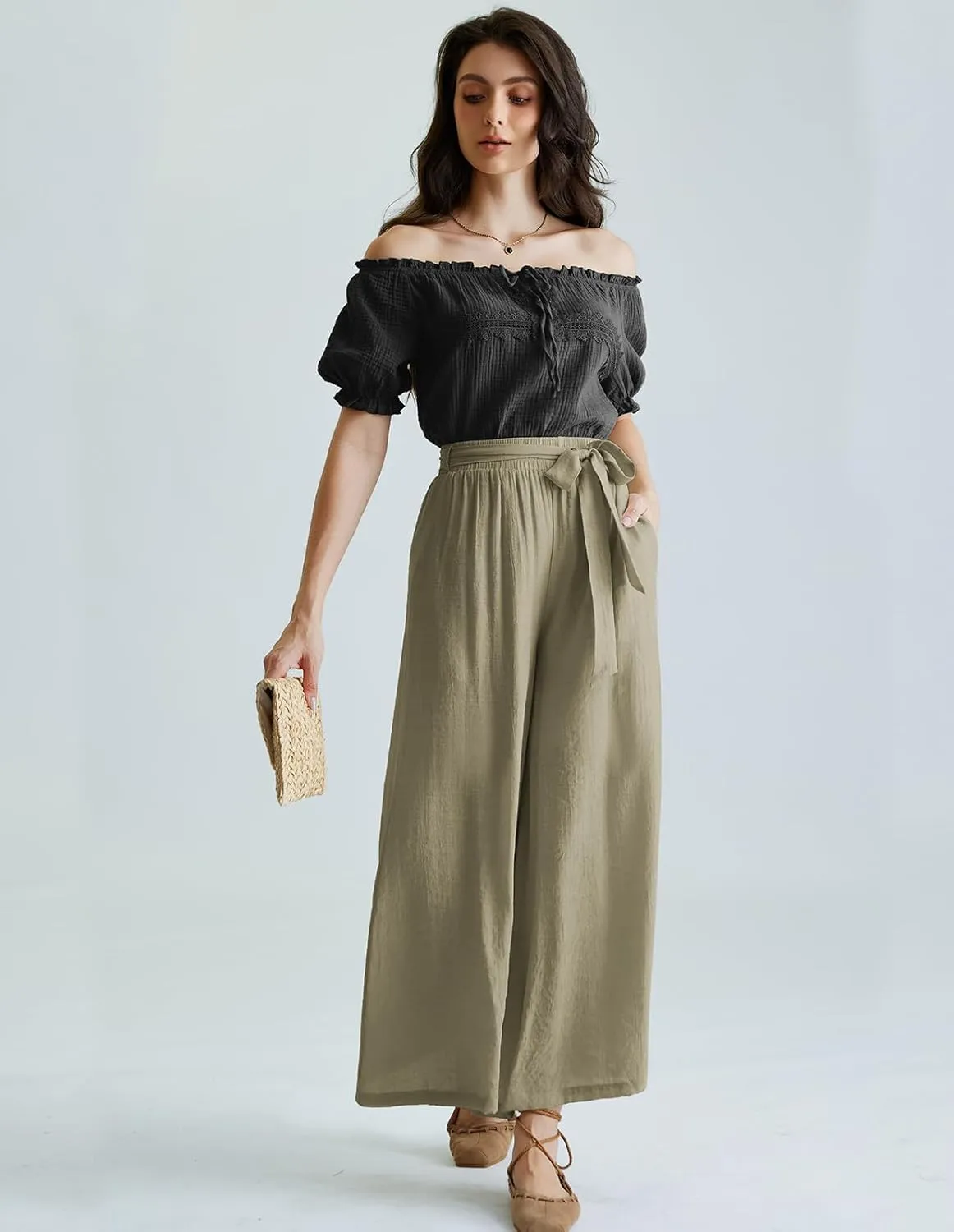 Scarlet Darkness Palazzo Pants for Women Summer Boho High Waisted Wide Leg Pants with Pockets