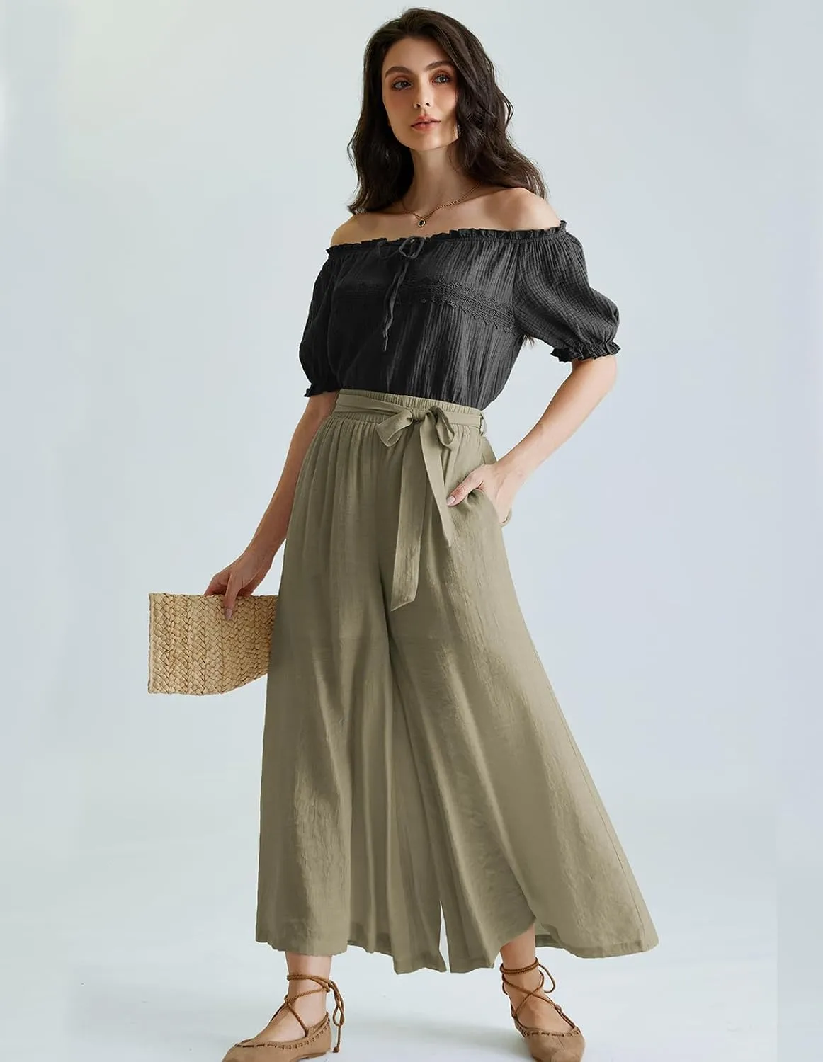 Scarlet Darkness Palazzo Pants for Women Summer Boho High Waisted Wide Leg Pants with Pockets