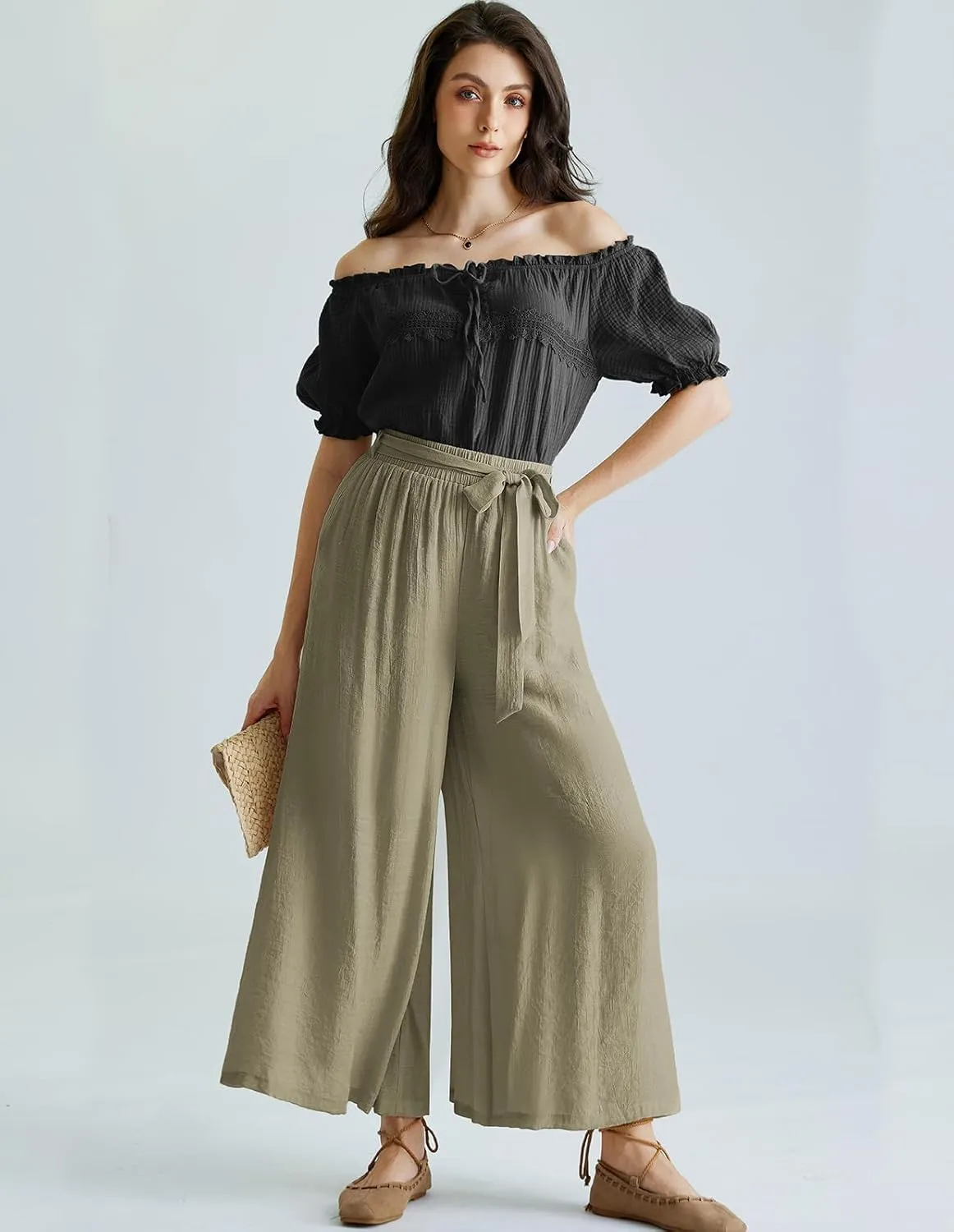 Scarlet Darkness Palazzo Pants for Women Summer Boho High Waisted Wide Leg Pants with Pockets