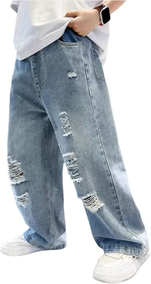 SHENHE Boy's Wide Leg Ripped Baggy Jeans Hip Hop Loose Fit Casual Denim Pants with Pockets