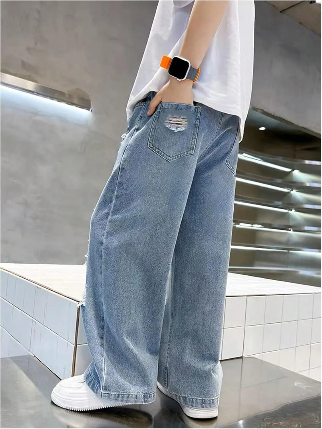 SHENHE Boy's Wide Leg Ripped Baggy Jeans Hip Hop Loose Fit Casual Denim Pants with Pockets