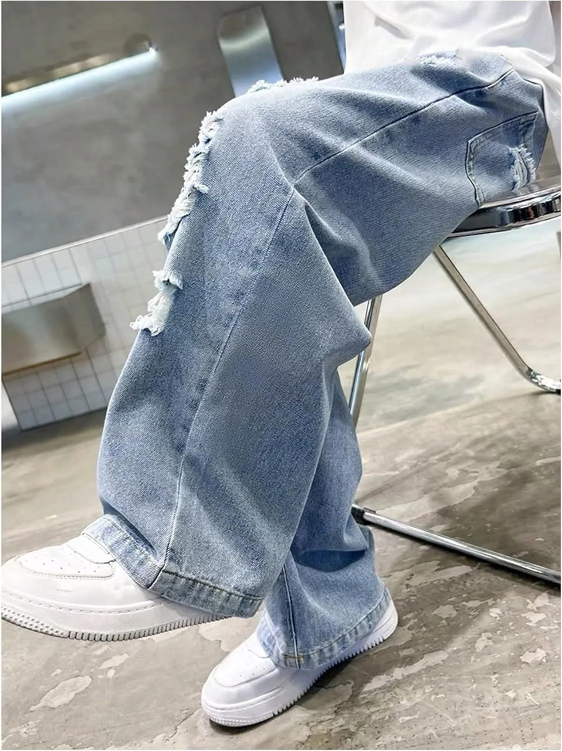 SHENHE Boy's Wide Leg Ripped Baggy Jeans Hip Hop Loose Fit Casual Denim Pants with Pockets