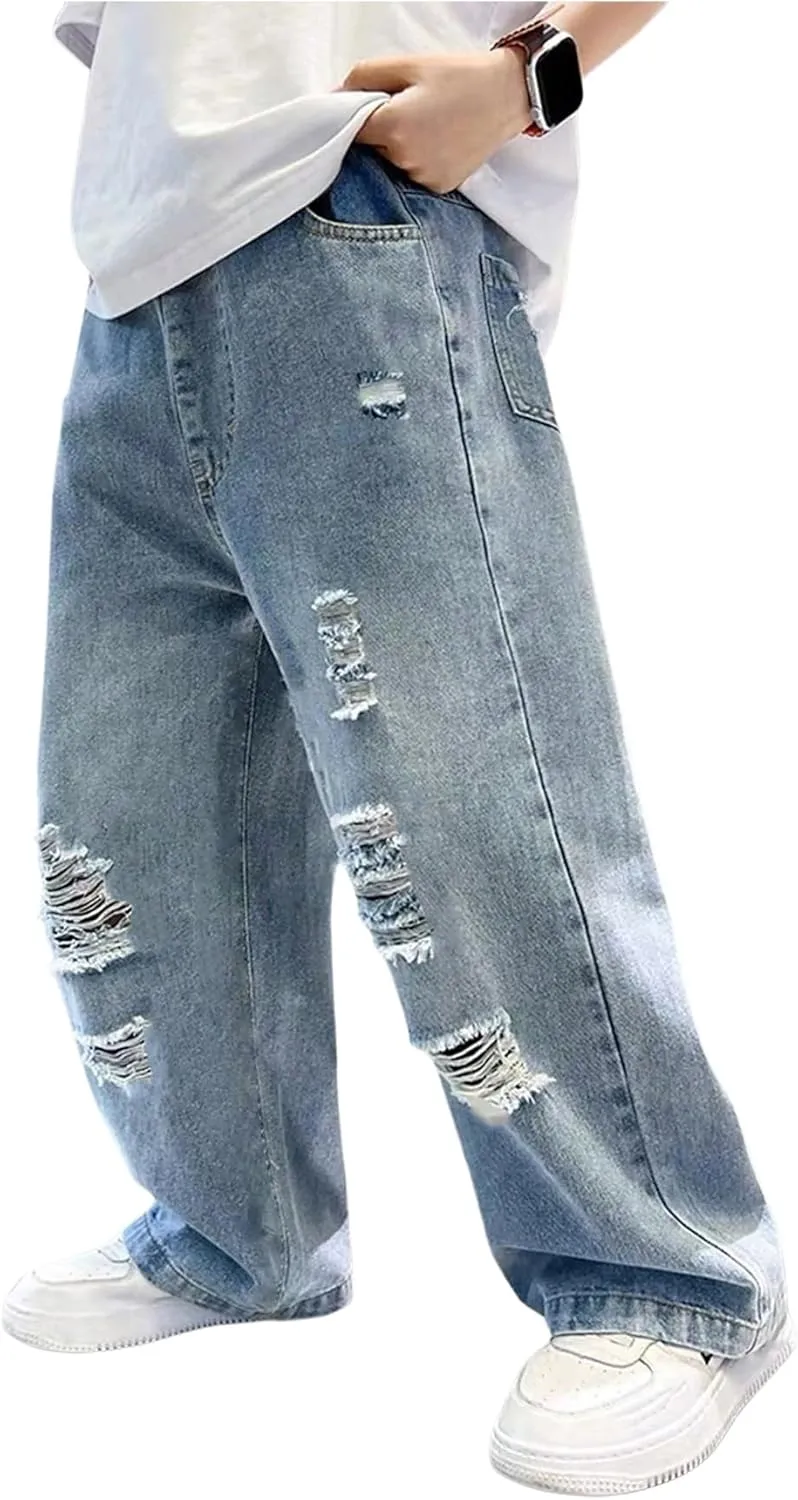 SHENHE Boy's Wide Leg Ripped Baggy Jeans Hip Hop Loose Fit Casual Denim Pants with Pockets