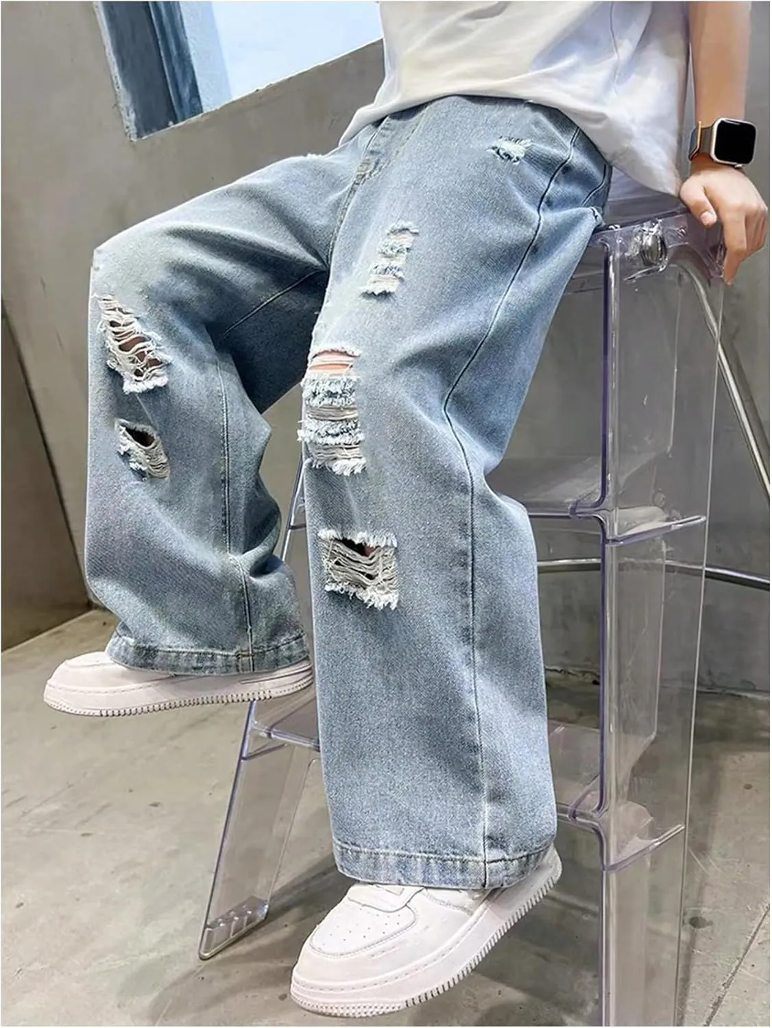 SHENHE Boy's Wide Leg Ripped Baggy Jeans Hip Hop Loose Fit Casual Denim Pants with Pockets