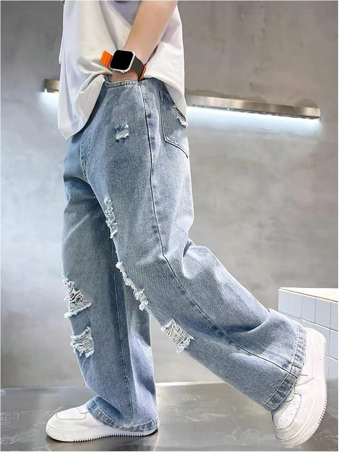 SHENHE Boy's Wide Leg Ripped Baggy Jeans Hip Hop Loose Fit Casual Denim Pants with Pockets